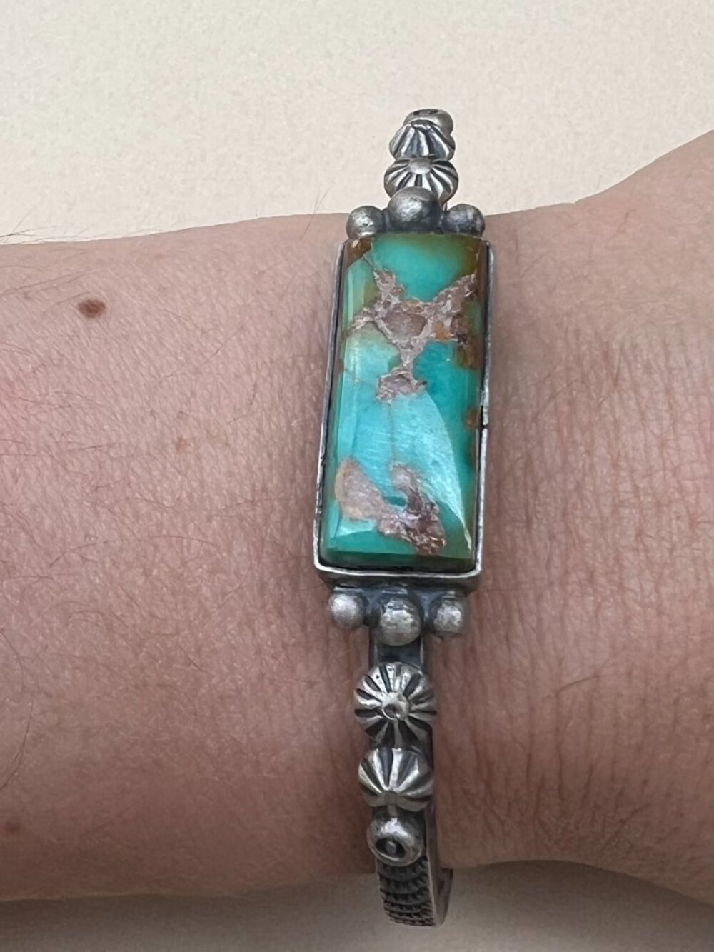 Navajo Vintage Turquoise and Sterling Silver Cuff Bracelet Signed Ronald Tom